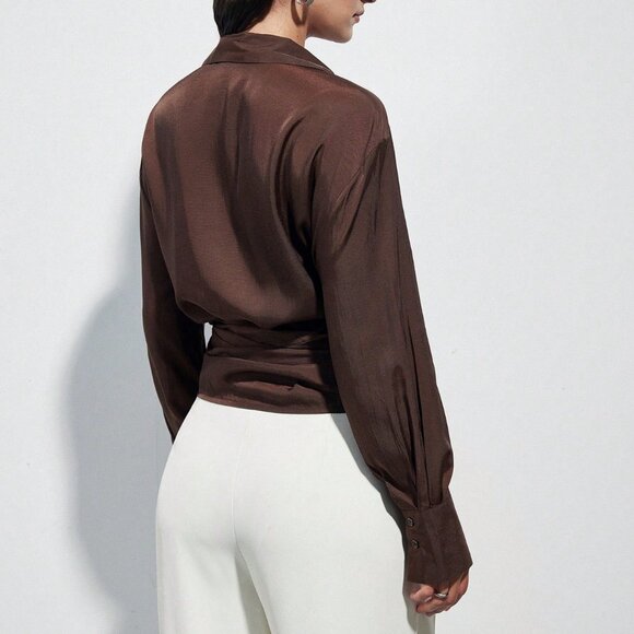 Brown Casual Women's French Criss-Cross Strap V-Neck Blouse - Picture 2 of 7